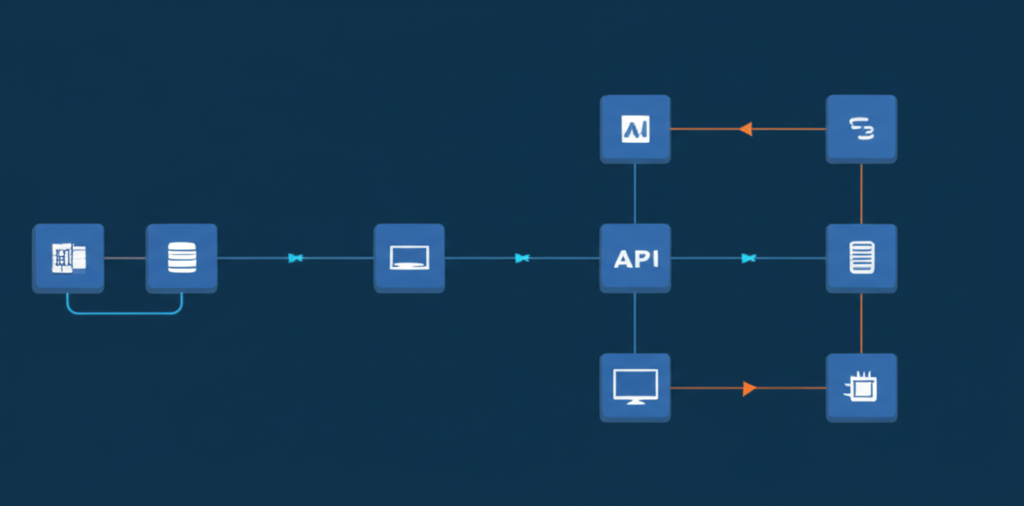 Business systems integration showing connected platforms and data flow